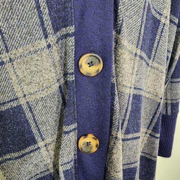 Maurices Hooded Cardigan Sweater Size XL Blue Gray Plaid Stretch V Neck Buttons - Picture 6 of 11